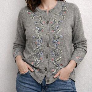 Talbot's Grey Cardigan with embroidery flowers size Small 100% Cotton